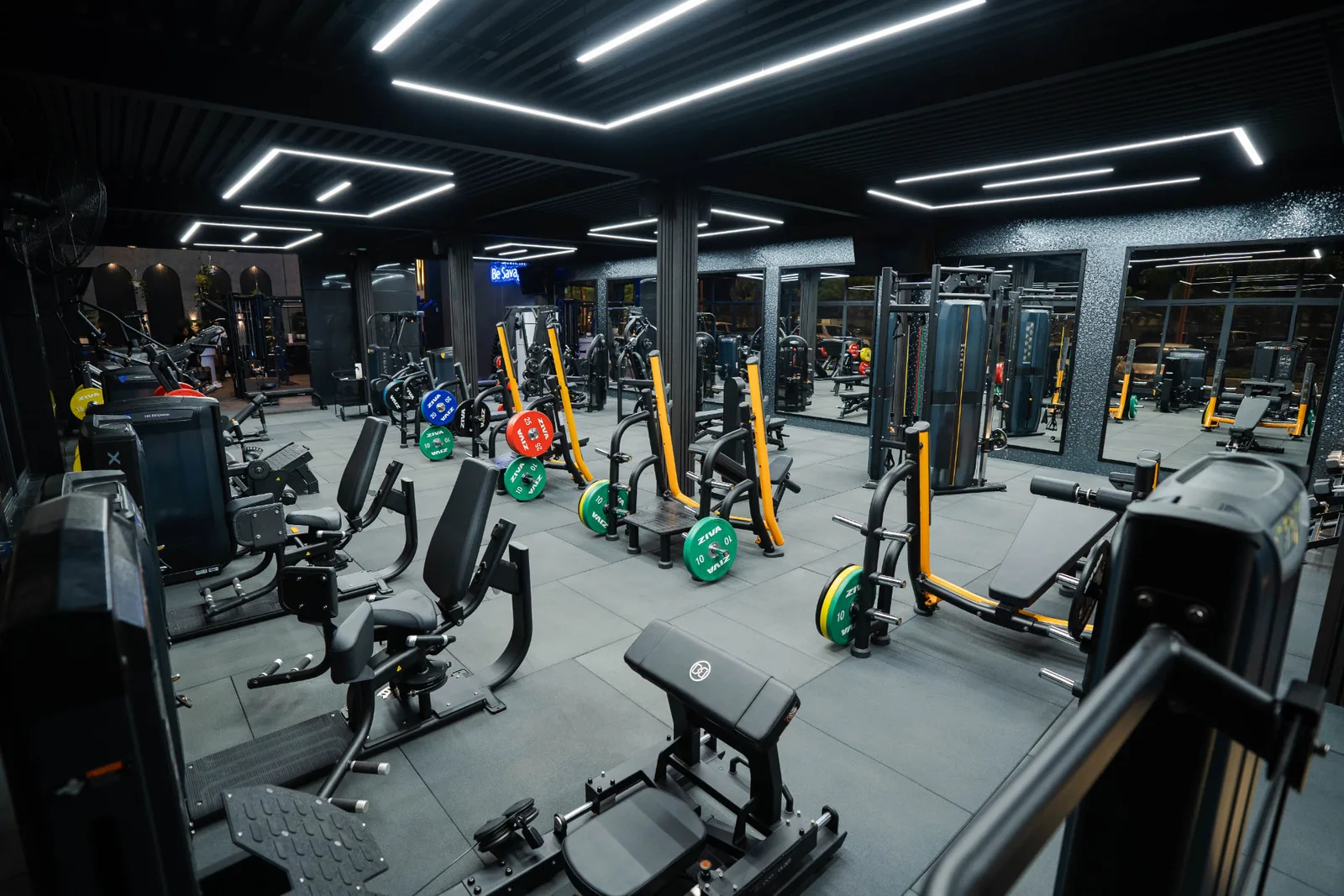 Savage Elite Fitness strength floor with plate-loaded machines, benches and colour-coded Ziva plates under hexagon lighting